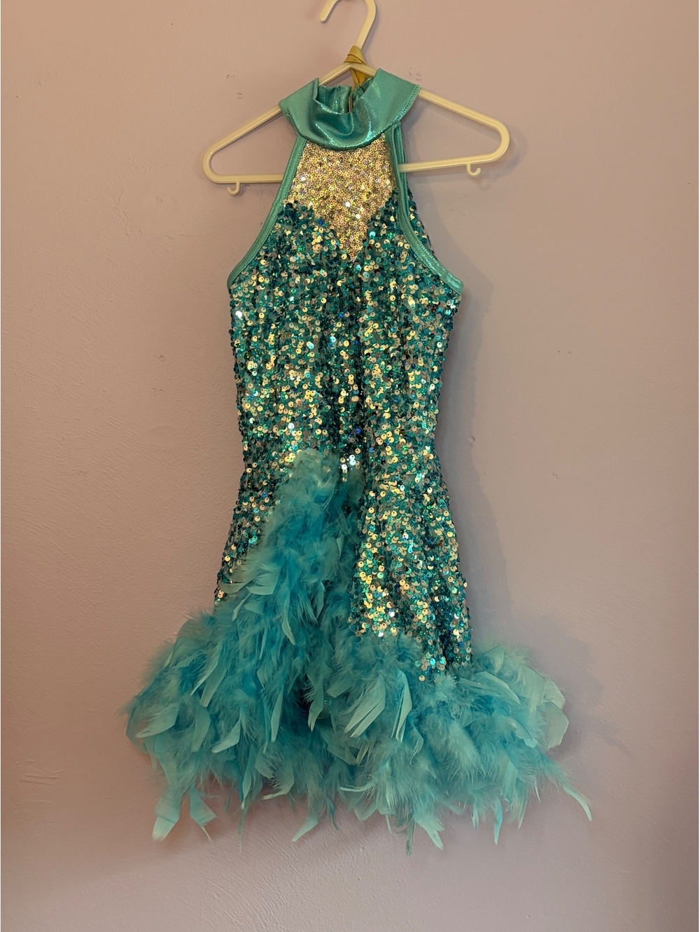 Weissman Intermediate Child IC Teal Sequin Feather Dance Costume Rockette 9860